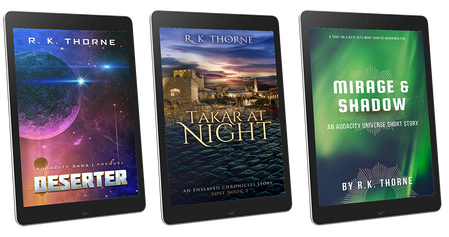 Three space opera and romantic fantasy ebook covers mocked up on ebook devices